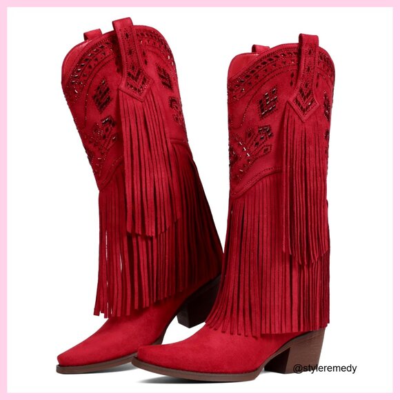 Knee High Cowboy Boots with Rhinestone Fringe Wide Calf Chunky Heel